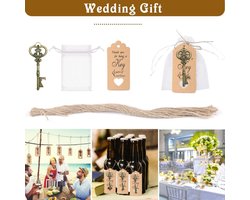Gastgeschenken bruiloft voor gasten, 50 stuks flesopeners bruiloft + organza zakje + kraftpapier + natuurlijke jute voor babyfeest tafeldecoratie feestgasten banket bedankje geschenken