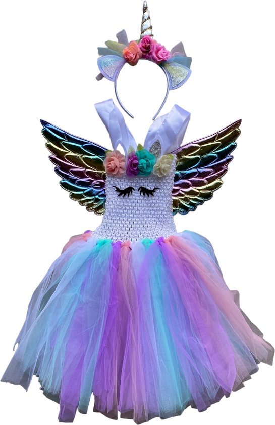 Regenboog Unicorn verkleedkleding SET - Jurkje + vleugels + haarband - Verkleedkleding voor kinderen - Meisje - Eenhoorn regenboog - Roze - Glitter - Prinsessenjurk - Cadeau meisje