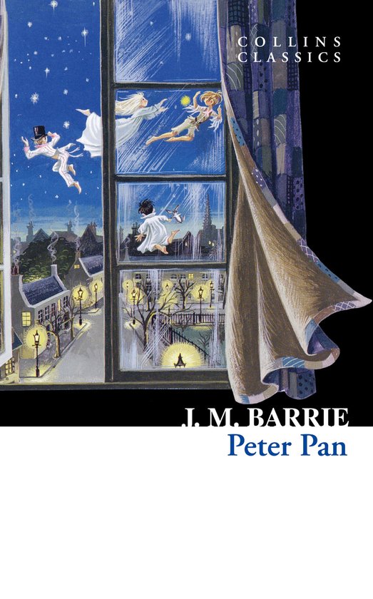 Boekomslag van Peter Pan met kinderen die vliegen boven een stad bij nacht.