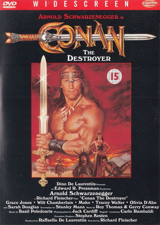 DVD hoes voor Conan the Destroyer met Arnold Schwarzenegger die een zwaard vasthoudt. "15" leeftijdsclassificatie.