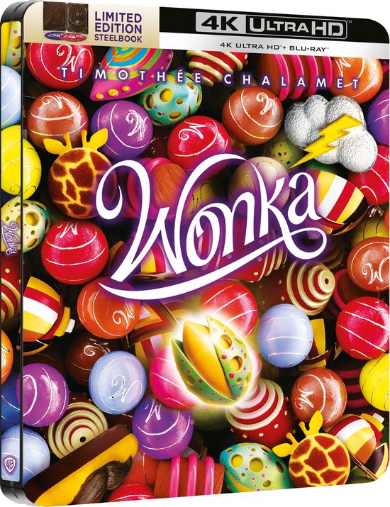 Limited edition steelbook voor 'Wonka' met een felgekleurd, snoepachtig ontwerp. 'Wonka' logo in het midden.