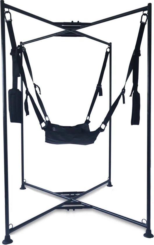 Zwarte sling stand met stoffen hangmat en banden, op een X-vormig onderstel.