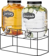 Navaris dubbele glazen limonadetap met kraantje - 5L - Twee drankdispensers met zwarte metalen standaard - Sapdispenser - Voor koude dranken