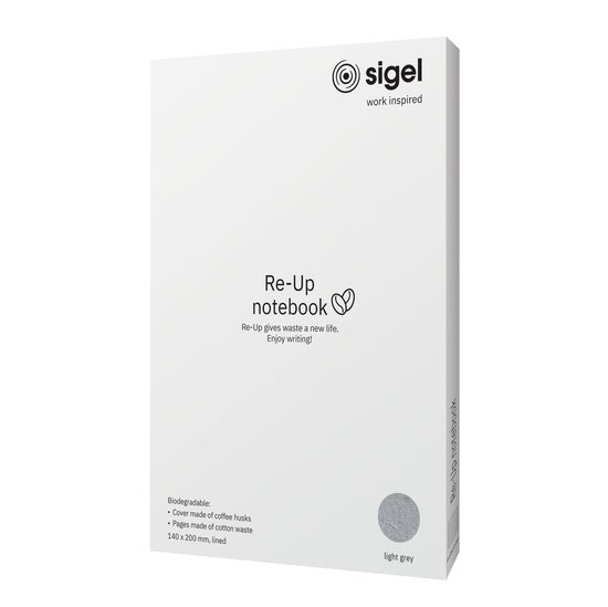 Avant d'un carnet Sigel Re-Up gris clair avec des informations sur le produit.
