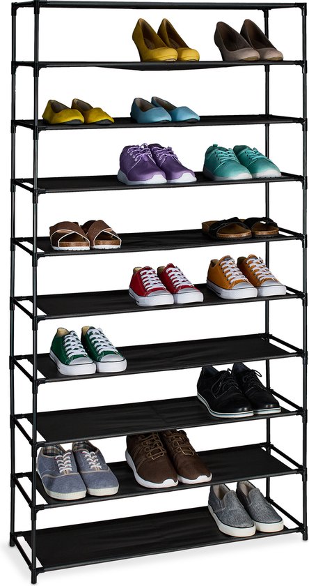 Relaxdays schoenenrek - metaal en stof - zwart opbergrek schoenen - hal - schoenenmeubel - 10 etages