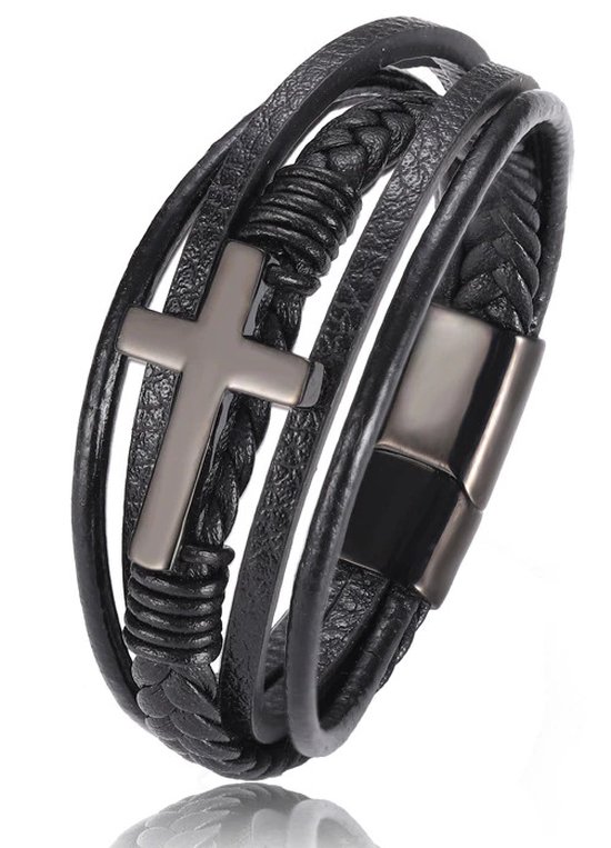 Armband Heren - Zwart Leer met Zwart Kruis - 21cm - Leren Armbanden - Cadeau voor Man - Mannen Cadeautjes