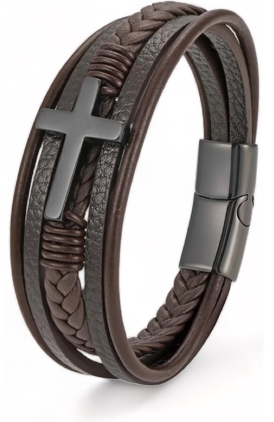 Armband Heren - Bruin Leer met Zwart Kruis - 21cm - Leren Armbanden - Cadeau voor Man - Mannen Cadeautjes