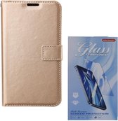 Bookcase Geschikt voor: Samsung Galaxy A22 5G - Goud - Portemonnee hoesje met 3 stuk Glas Screen protector