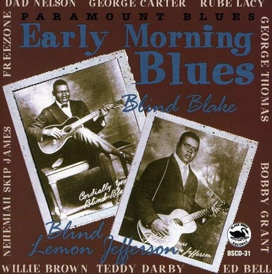 Albumcover met twee sepia foto's van bluesmuzikanten met gitaar. Titel: Early Morning Blues.