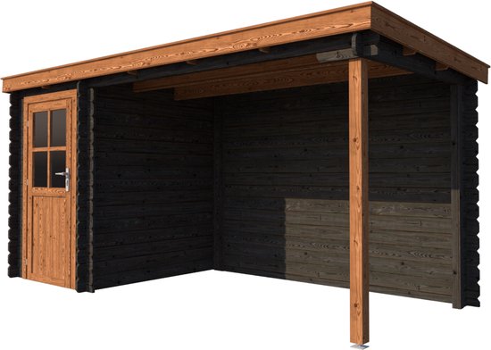BlokhuttenOutlet.nl Blokhut met overkapping lessenaar dak 150 x 200 + 300cm in black wash met brown wash