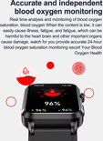 Zwarte smartwatch met een vierkant scherm dat 96% bloedzuurstof toont, met 'Spo2' en '15:35'.