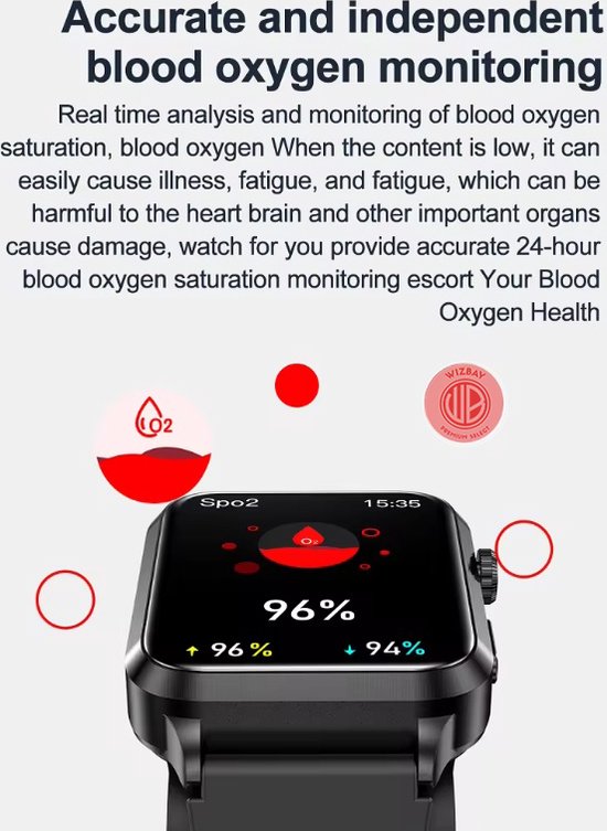 Zwarte smartwatch met een vierkant scherm dat 96% bloedzuurstof toont, met 'Spo2' en '15:35'.