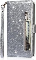 Bookcase Samsung Galaxy S21 Glitter avec fermeture éclair - étui - étui portefeuille - Argent