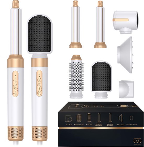 Föhnborstel 7 in 1 met Diffuser - Multi styler - Golden Goods Airstyler - Ronde Borstel Krultang met 7 Stylingsfuncties - Föhn & Krulborstel - Haarstyler - Heteluchtborstel White/Gold