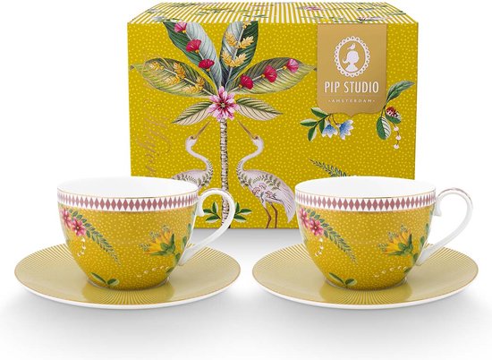 Pip studio la majorelle jaune coffret cadeau de deux tasses à cappuccino avec chargeur