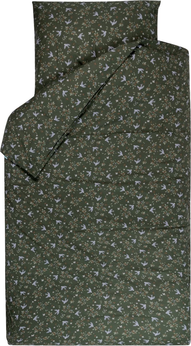 BINK Bedding Dekbedovertrek Merel junior 120 x 150 cm - kussensloop 60 x 70 cm - donkergroen - groen - zachtgroen - jade - lila - caramel - vogel - bloemen - tweezijdig - juniorbed - peuterbed - peuter - kleuter