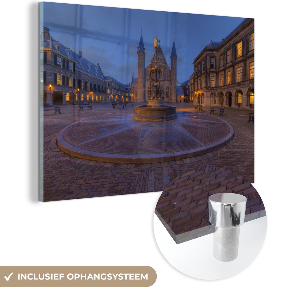 ® Glasschilderij 90x60 cm - Schilderij acrylglas - Fontein op het Binnenhof in Den Haag in