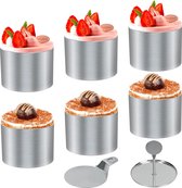 Dessertringen en dinerringen, kleine ringenset, 8-delig, mini-taartringvormen, roestvrijstalen mousse-ringen, 7,5 cm, ronde mousse-ring, 8 ringen, 1 lifter, 1 stempel voor het bakken van