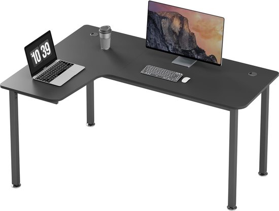 Ergonomisch L-vormig Gaming-bureau 155 x 110 cm - Grote pc-gaming-tafel met kabelbeheersysteem en muismat voor thuiskantoor. Zwart links