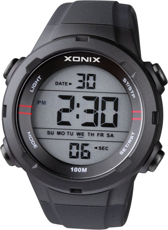 Xonix VZ-A06A - Horloge - Analoog - Heren - Mannen - Rond - Siliconen band - ABS - Cijfers - Achtergrondverlichting - Alarm - Start-Stop - Chronograaf - Tweede tijdzone - 12/24 - Waterdicht - Zwart - 10ATM