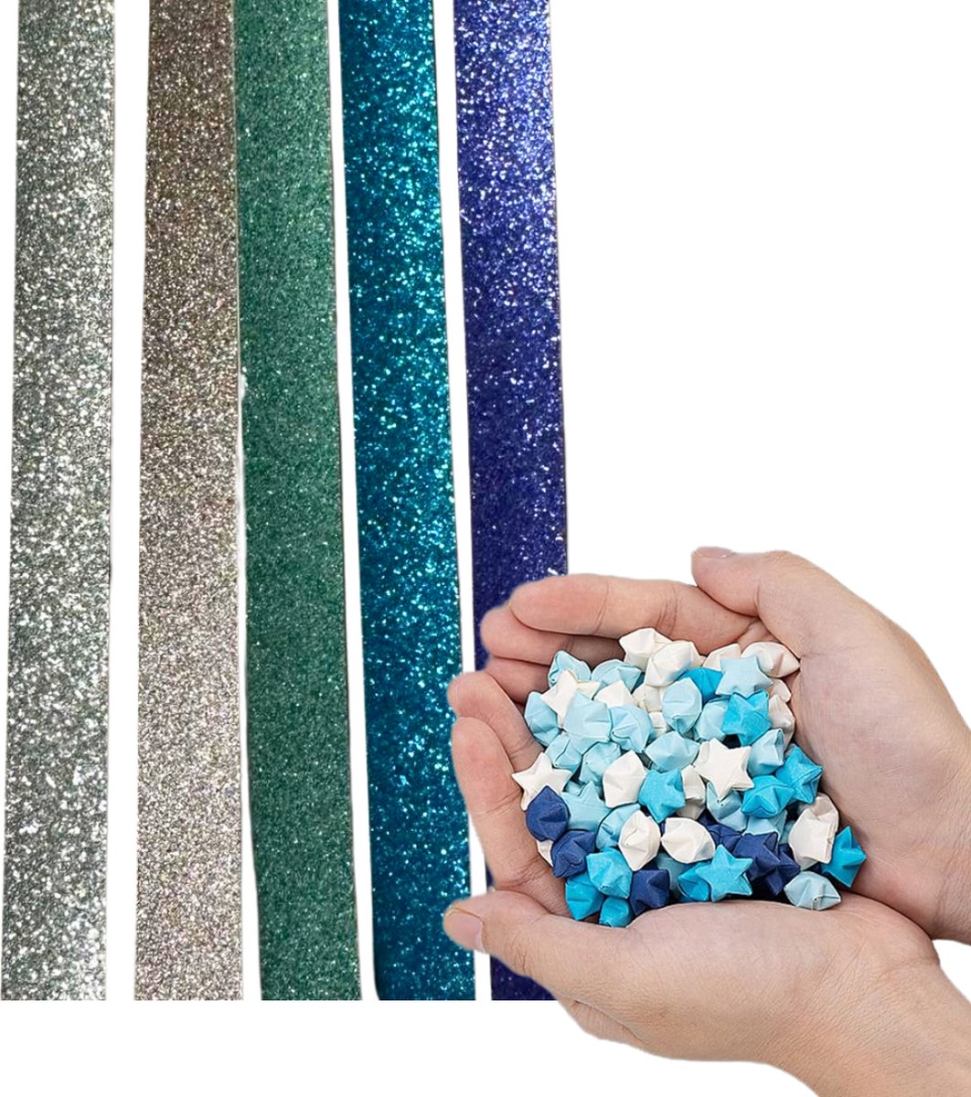 Glitter Papierstroken in 5 kleuren - 520 stuks - Origami Papier voor vouwen van gelukssterren - 1CMx24CM - Lucky Stars/Muizentrappetjes — afbeelding 6