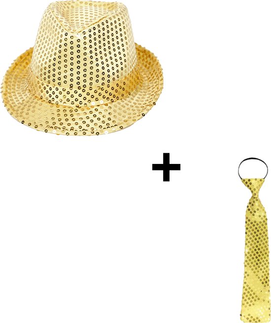 Feest hoedje - Fedora hoed - Gouden stropdas - Glitter tie - Disco outfit - Hoofdomtrek 58 cm - Glitter pailletten - Goud
