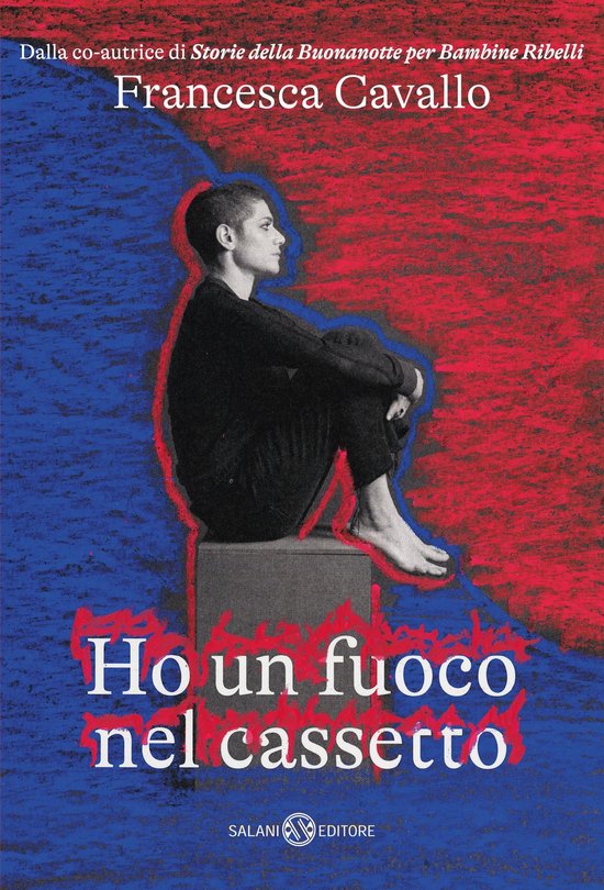 Boekhoes met een vrouw die op een kist zit, met de tekst 'Ho un fuoco nel cassetto' en 'Francesca Cavallo'.