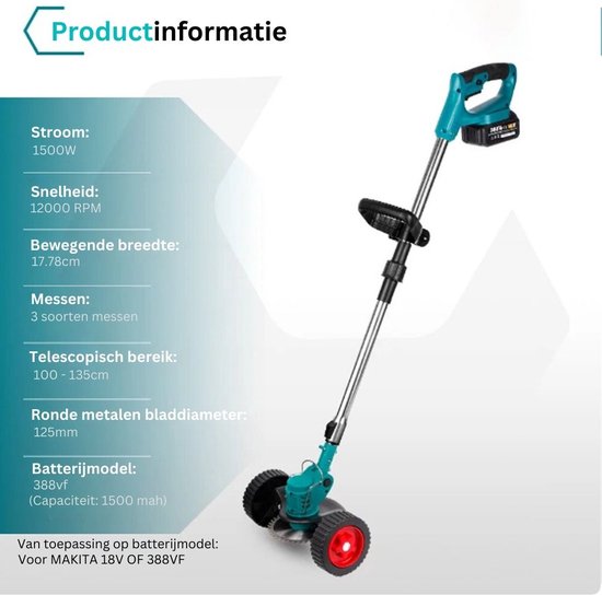 Zweefmaaier - Grastrimmer met Accu - Grasmaaier - Handmaaier met Wielen - Blauw van Makita — afbeelding 3