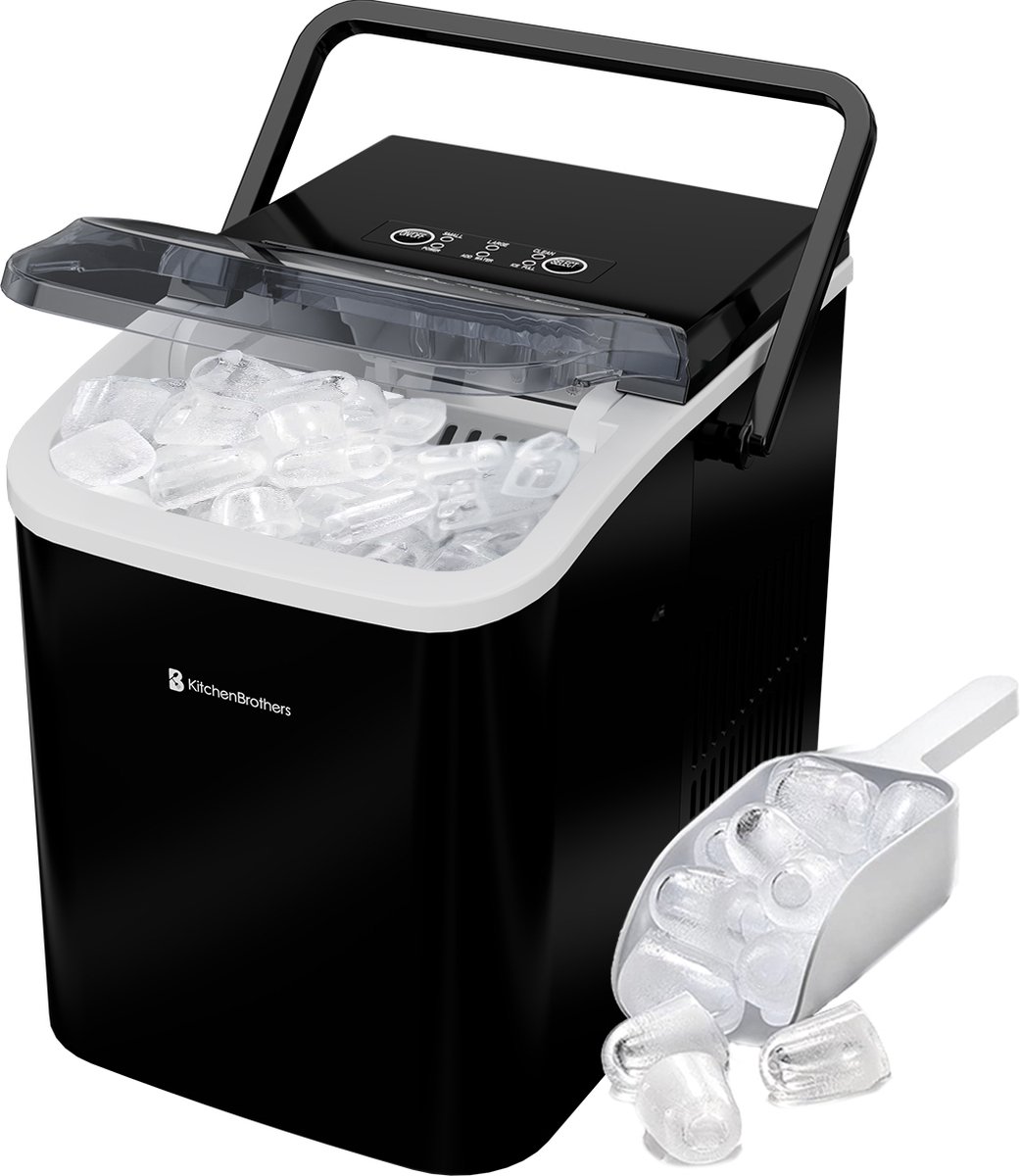 KitchenBrothers IJsblokjesmachine - 1.5L - IJsblokjesmaker – 12kg/24 uur - Draagbaar - Zelfreinigingsfunctie - Zwart