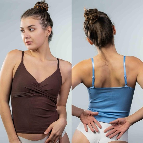 gudia 100% Cotton Latin dans yoga crop top - V neck shape cami - verwijderbare vulling - braless - premium kantstof - u-vormige rug - koffie & blauw - (XS-M)
