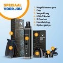 Presentatie van de Vulpes Goods nageltrimmer set: trimmer, kap, verpakking, USB-C kabel, 2 poorten, handleiding en opbergzakje.