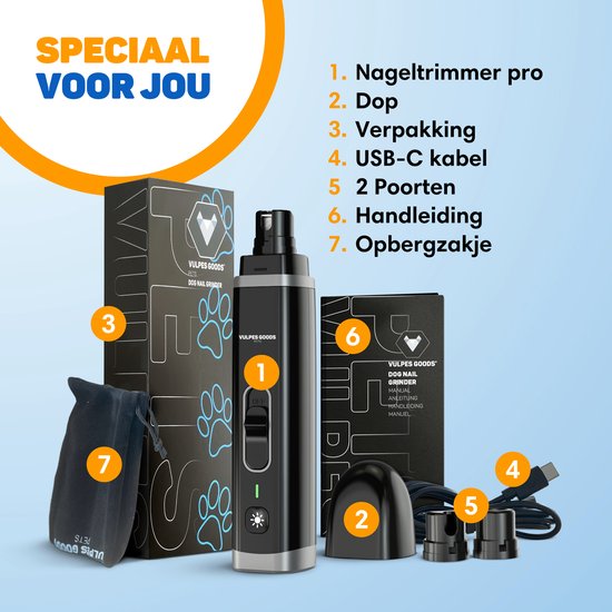 Presentatie van de Vulpes Goods nageltrimmer set: trimmer, kap, verpakking, USB-C kabel, 2 poorten, handleiding en opbergzakje.