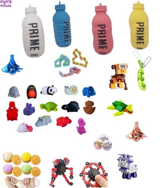 Happy Trendz® Tiktok 2024 Fidget toys pakket - XL PAKKET - Prime bottle fles squishy - windblower fidget - wacky track spinner - wacky - mochi squishy - boontje fidget - squishy dumpling - ei bal met bouwstenen mystery dier