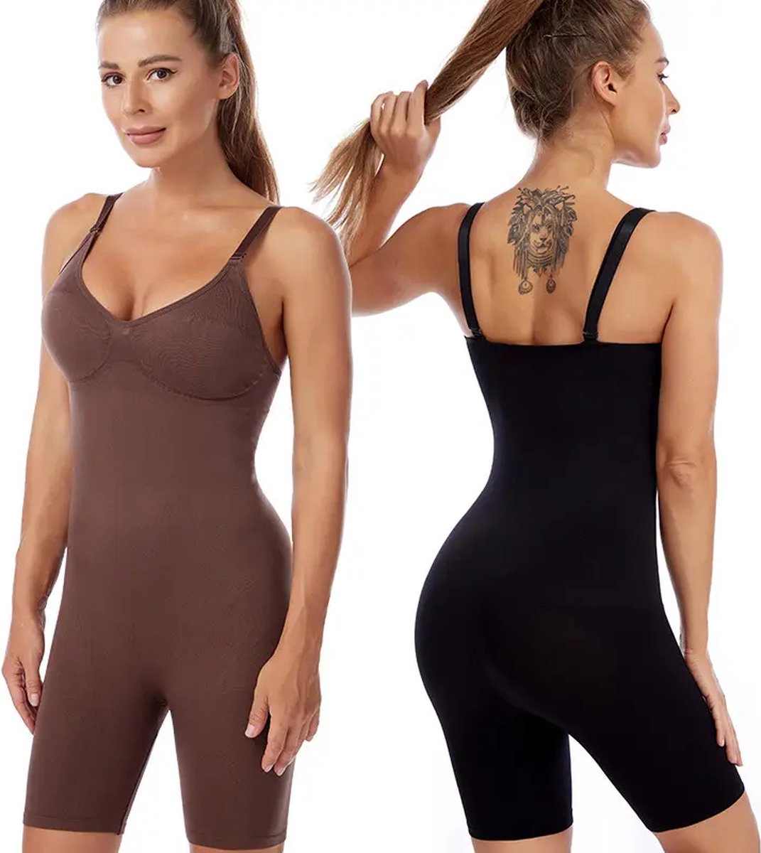Wow Peach Full Bodysuit met plas gat- Seamless - Shapewear - Shaper - Corrigende ondergoed - Butt & Chest Lift - Bruin - Maat: Large