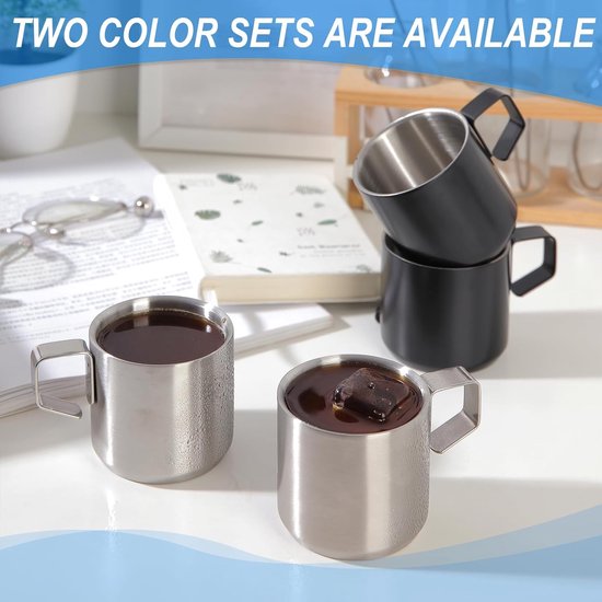Tasses à expresso en acier inoxydable, ensemble de 2,5 oz à double paroi isolée, incassable, sans pied, petite tasse pour événements en plein air, pique-nique, argent