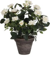 Mica Decorations Kunstplant - rozen - wit - in grijze pot - 33 cm