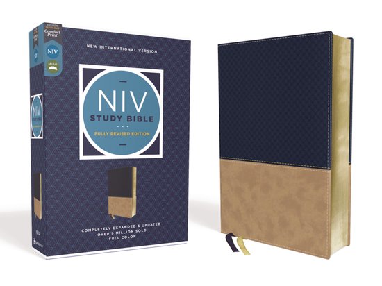 NIV Study Bible, Fully Revised Edition, bleu marine/beige avec impression confort et reliure lay-flat.