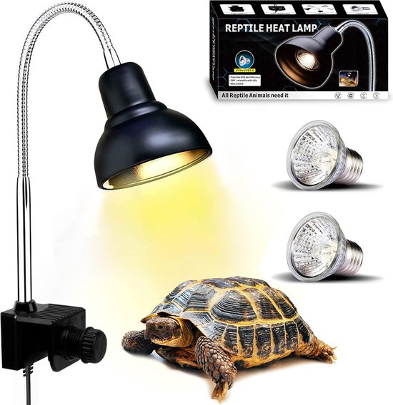 Terrarium Warmtelamp - Clip On Systeem - Inclusief 2 UVA UVB 25W Zonnespot Gloeilampen - 360° Draaibare Klem - Geschikt voor Aquarium en Terrarium - Ideaal voor Schildpadden, Slangen, Hagedissen - Zwart