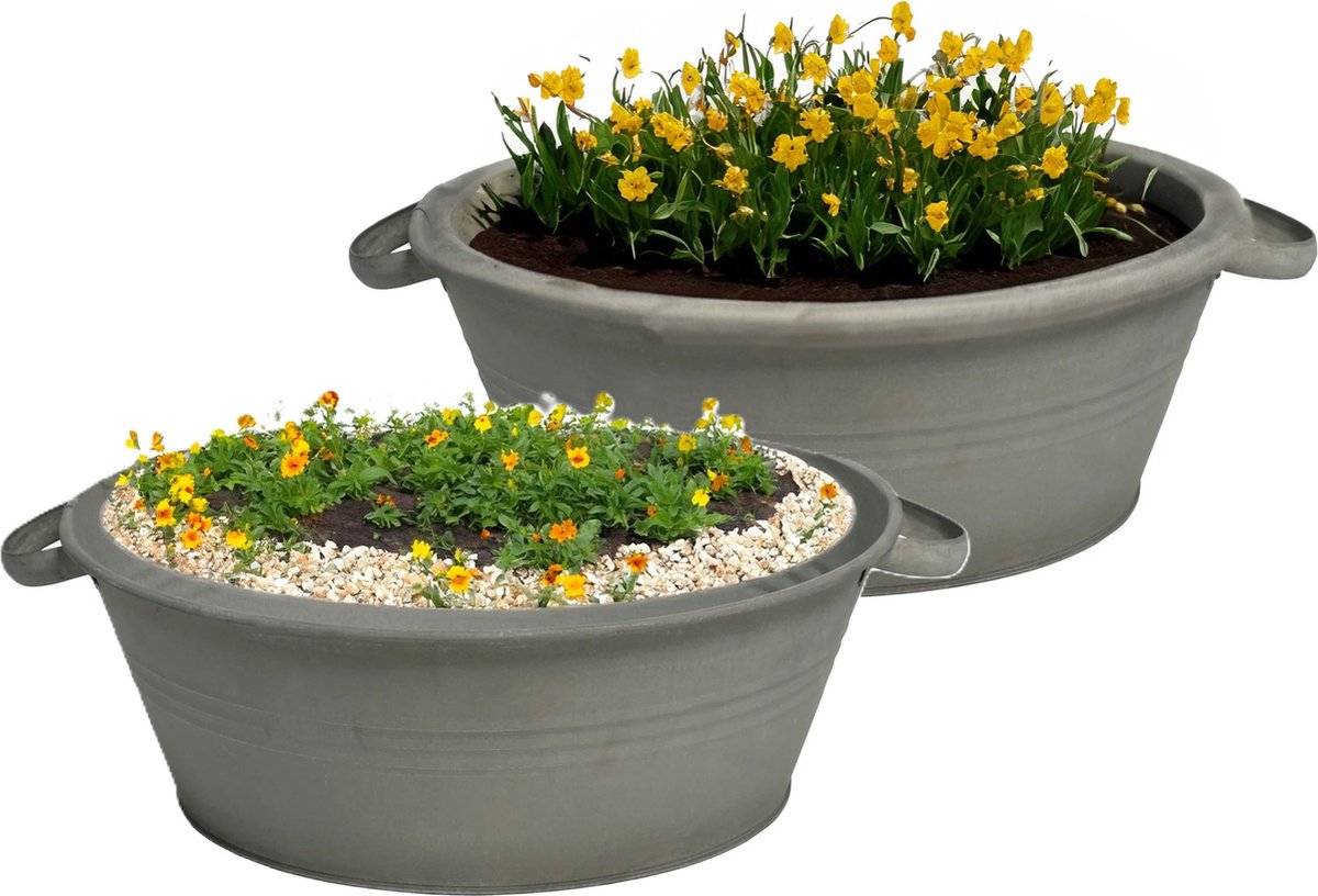 Goedkoopste Mega Collections Teil/plantenpot/bloempot Farmer - 2x - zink - donkergrijs - D30 X H14 cm