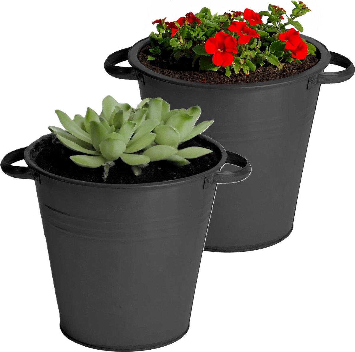 Goedkoopste Mega Collections plantenpot/bloempot Farmer - 2x - zink - zwart - D26 X H24 cm