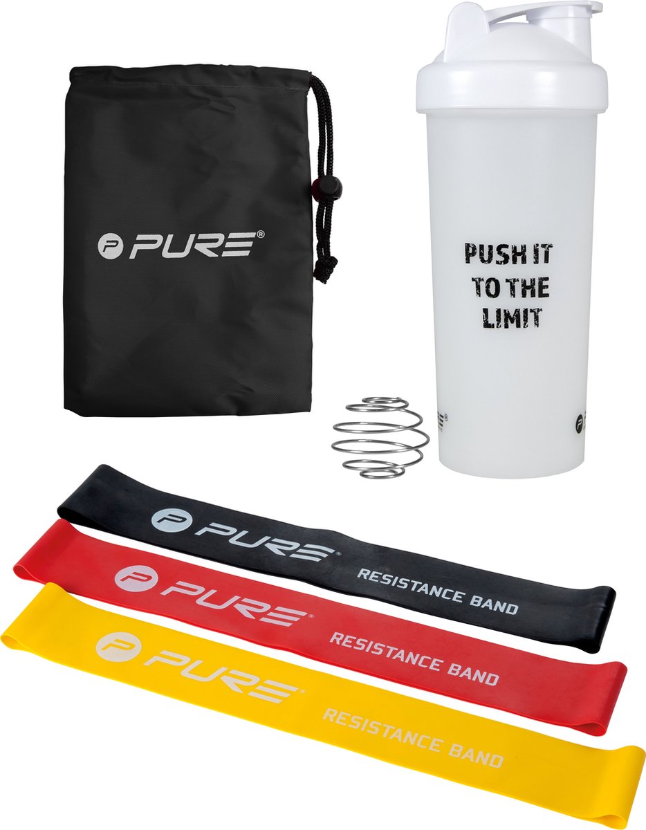 Goedkoopste Pure2Improve Shakebeker met 3 Weerstandsbanden - Shaker 700 ml - Resistance Band - Fitness Elastiek - Weerstandsbanden Set - Wit