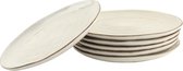 Set van zes beige borden met bruine randen, de bovenste leunt op de stapel.