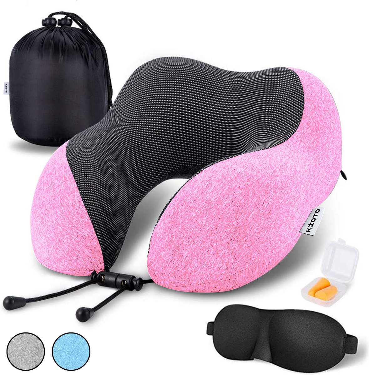 Kioto Reiskussen Nekkussen set - Vliegtuig en Auto - Nek Kussen Kind - Memory Foam - Gratis Slaapmasker, Oordoppen en Reistas - Roze