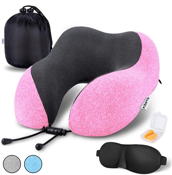 Kioto Reiskussen Nekkussen set - Vliegtuig en Auto - Nek Kussen Kind - Memory Foam - Gratis Slaapmasker, Oordoppen en Reistas - Roze