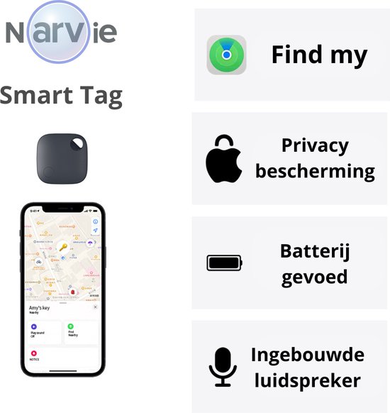 Zwarte Narvie tracker, iPhone met 'Find My' app en icoontjes 'Find my', 'Privacy bescherming', 'Batterij gevoed', 'Ingebouwde luidspreker'.