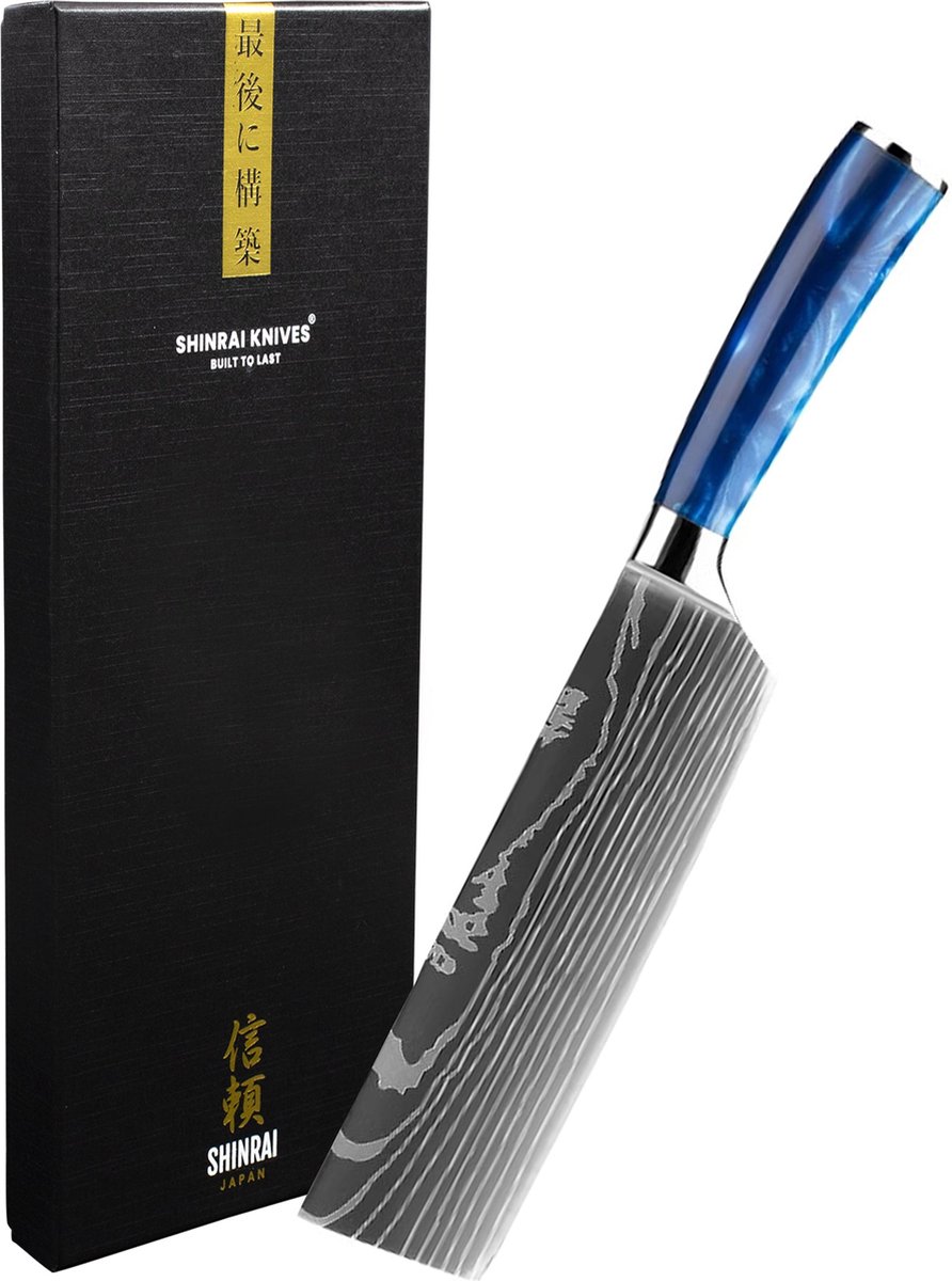 Shinrai Knives - Nakirimes 18 cm - Koksmes - Damascus Mes - Damascus Print Epoxy Sapphire - Met Luxe Geschenkdoos - Koksmes - Keukenmes - Japans Hakmes