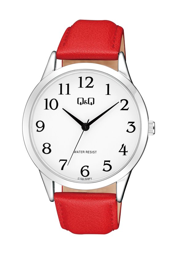 Wit horloge met zilverkleurige kast, rode leren band en zwarte wijzers. Cijfers 1-12 en "WATER RESIST" op de wijzerplaat.