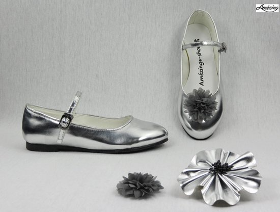 Ballerina's-bruidsschoen meisje-schoen zilver glossy-prinsessen schoen-platte schoen-dansschoen-gespschoen-verkleedschoen-glamour (mt 29)