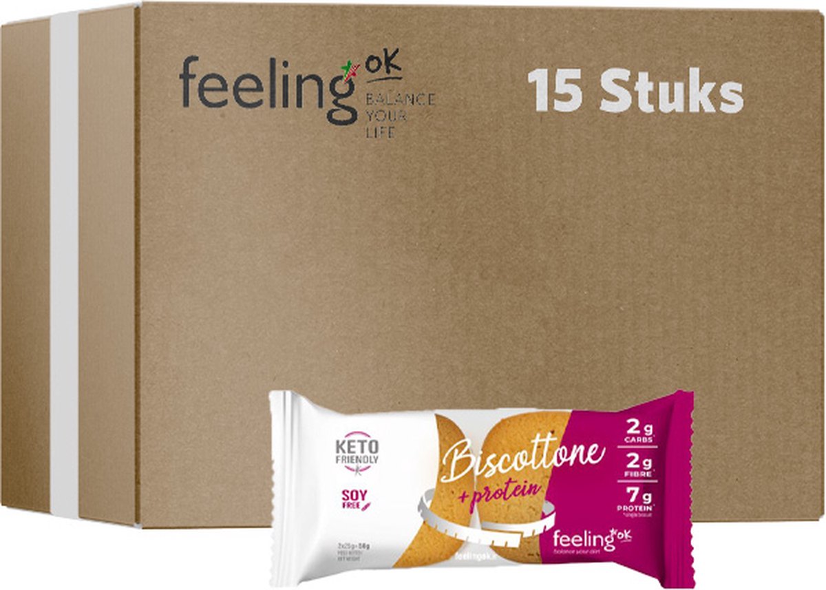 Feeling OK | Biscottone Amandel | Voordeelpakket | 15 x 50 g | Low carb snack | Eiwitrepen | Koolhydraatarme sportvoeding | Afslanken met Proteïne repen | Snel afvallen zonder hongergevoel!