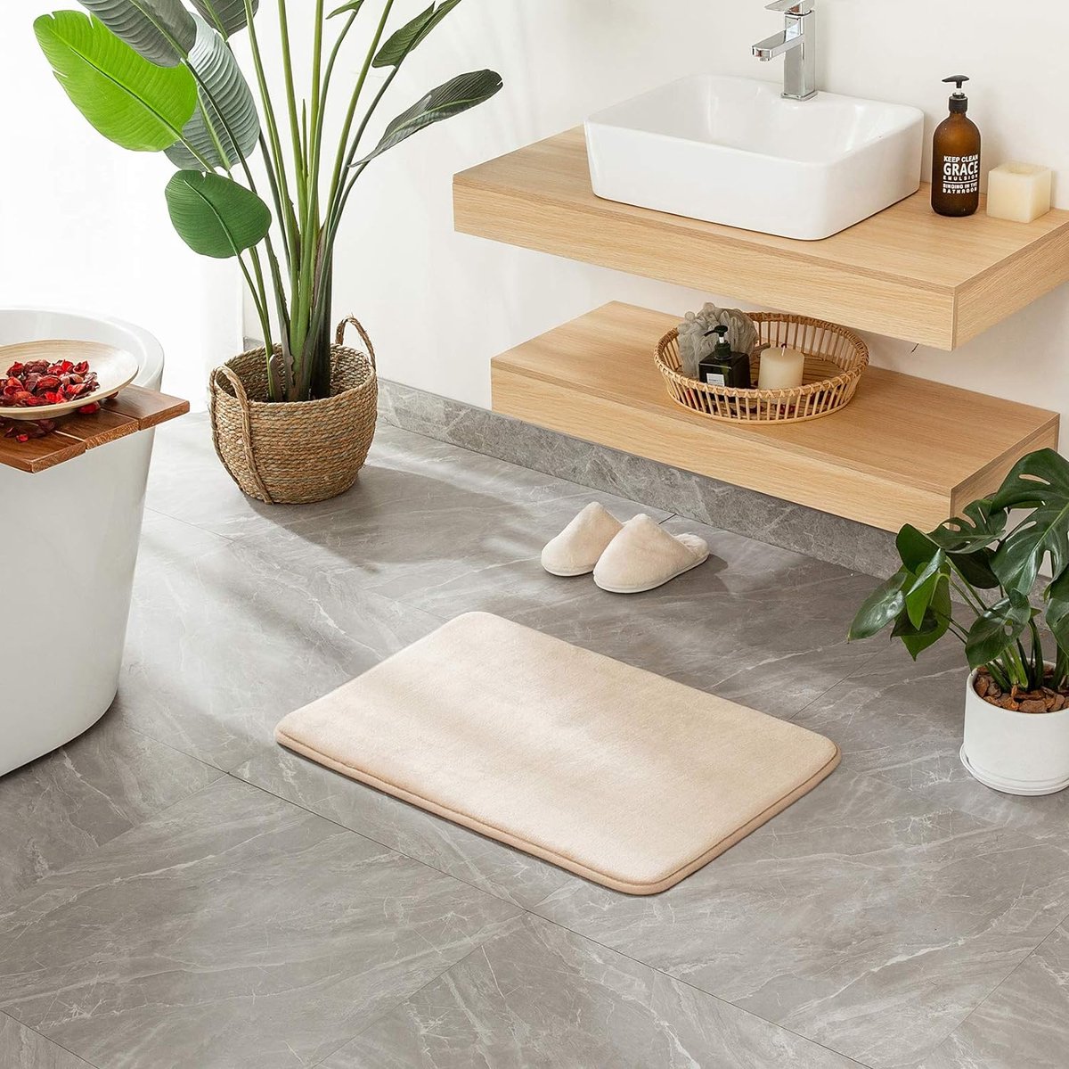 Badmat, traagschuim, badmat, badmat, douchemat, decoratiemat, antislip, voor badkamer en woonkamer, 50 x 80 cm, kameel